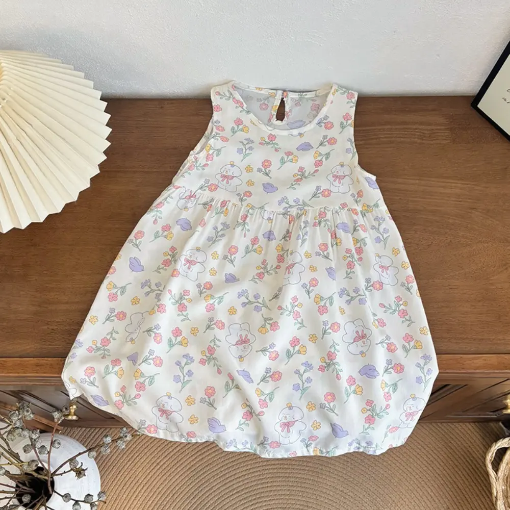 Bear Leader Korean Version Plain Color Girls Casual Dresses Flower Print Sleeveless Vest Dress Summer Daily Simple Kids Clothes