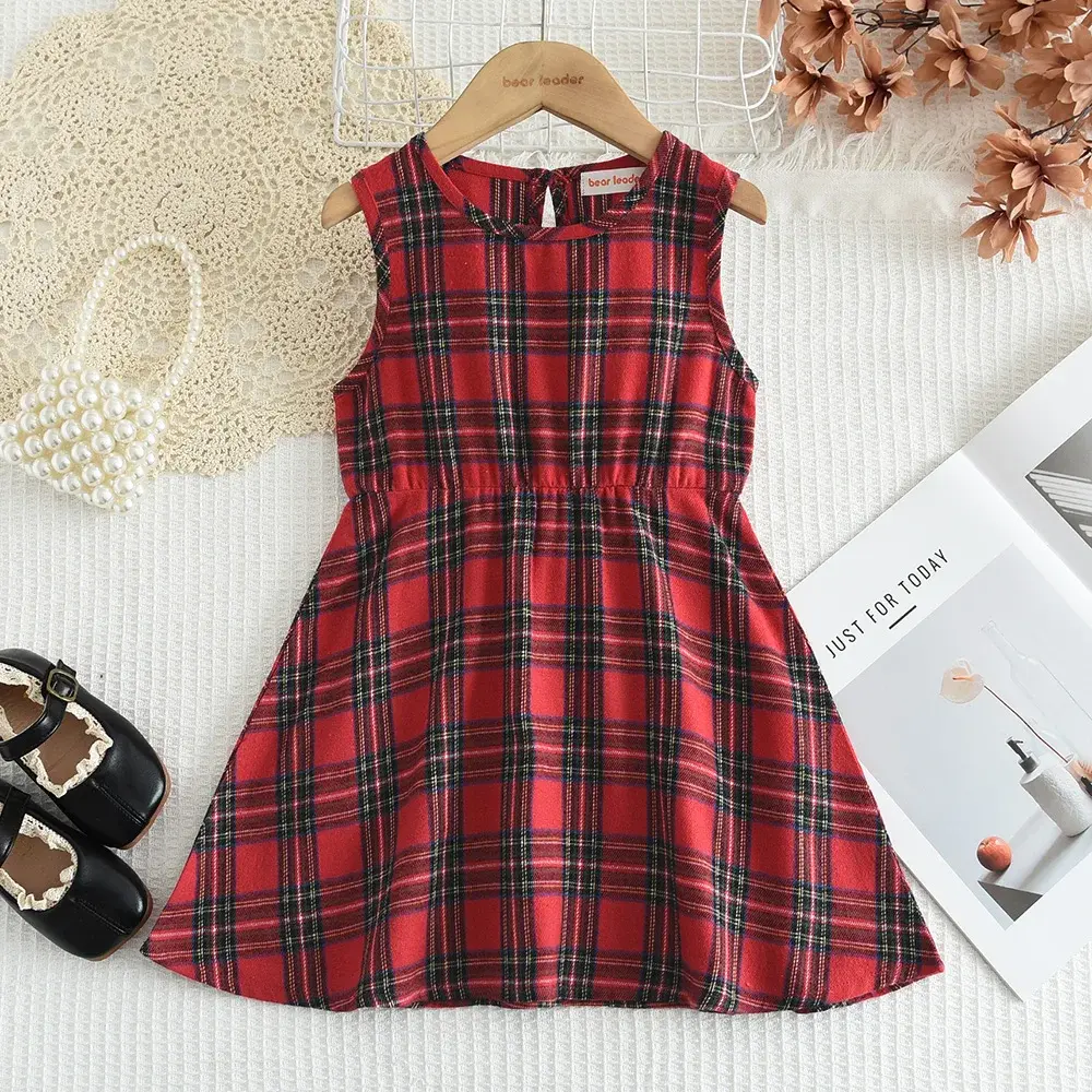 Bear Leader Korean Version Kids Clothes Girls Autumn Green Bow Long Sleeved Cardigan+Red Checkered Vest Dress Two-piece Set