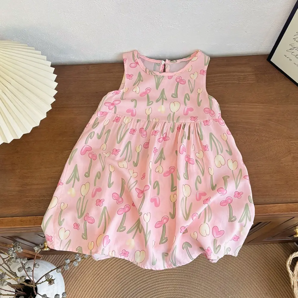 Bear Leader Korean Version Plain Color Girls Casual Dresses Flower Print Sleeveless Vest Dress Summer Daily Simple Kids Clothes