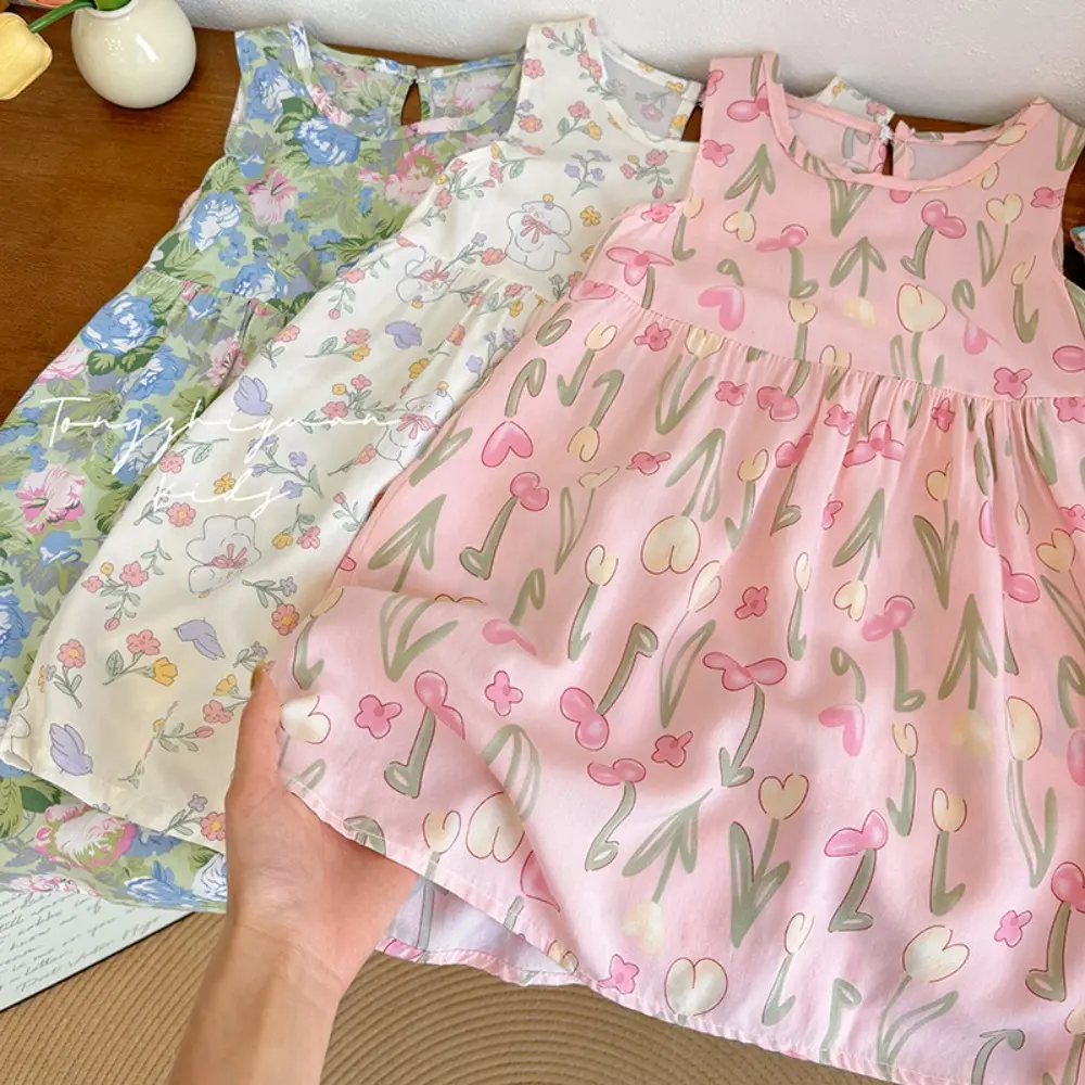 Bear Leader Korean Version Plain Color Girls Casual Dresses Flower Print Sleeveless Vest Dress Summer Daily Simple Kids Clothes