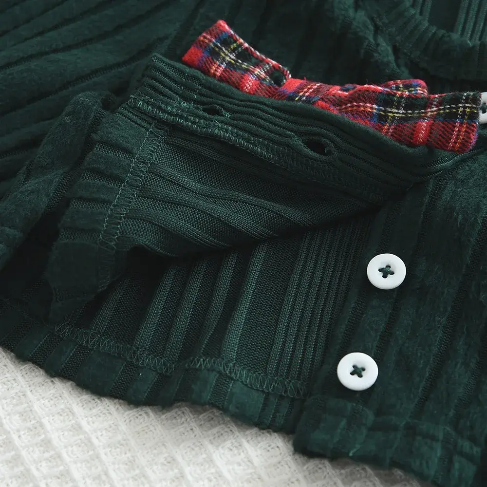 Bear Leader Korean Version Kids Clothes Girls Autumn Green Bow Long Sleeved Cardigan+Red Checkered Vest Dress Two-piece Set