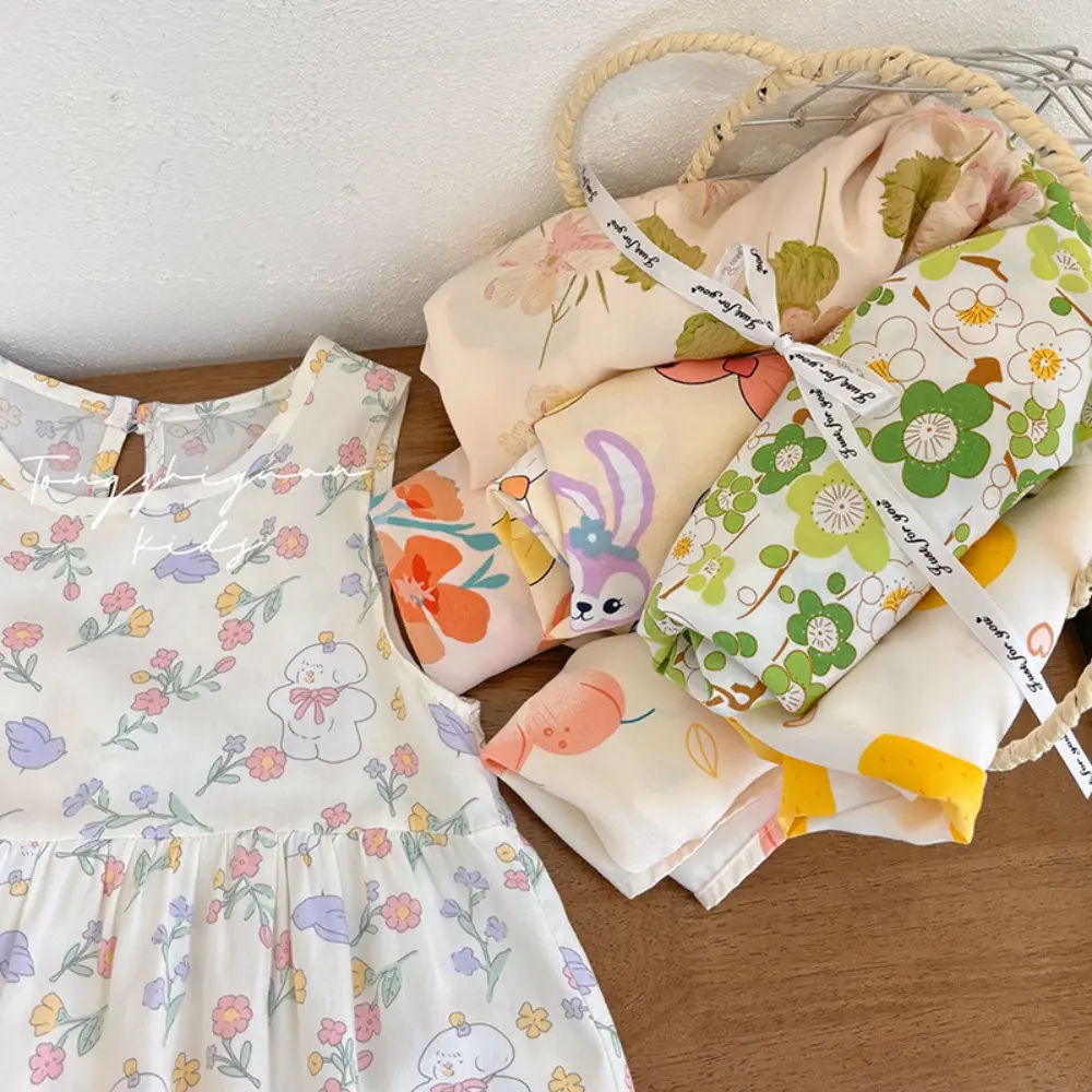 Bear Leader Korean Version Plain Color Girls Casual Dresses Flower Print Sleeveless Vest Dress Summer Daily Simple Kids Clothes