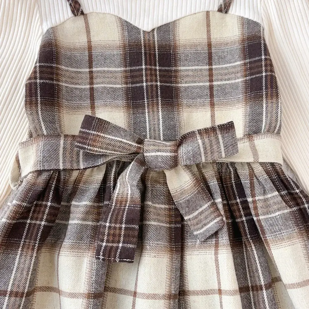 Bear Leader Autumn Fashion New Kids Dresses for Girls Khaki Plaid Camisole Skirt Fake Two-piece+ Hat Spring Casual Girls Clothes