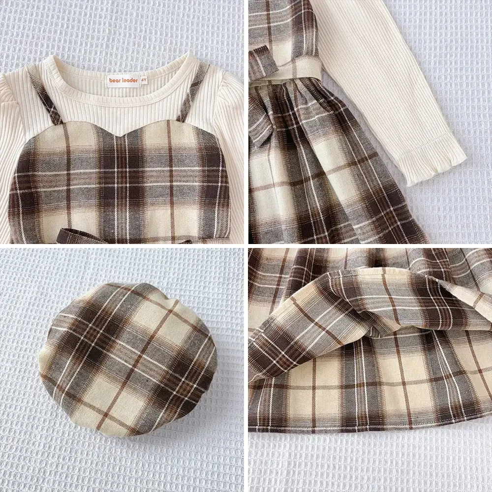 Bear Leader Autumn Fashion New Kids Dresses for Girls Khaki Plaid Camisole Skirt Fake Two-piece+ Hat Spring Casual Girls Clothes