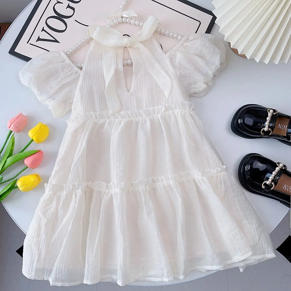 Bear Leader Children's Clothing 2023 New Summer Bubble Sleeves Off Shoulder Lace Suspended Princess Dress 2-7y Girl's Dress