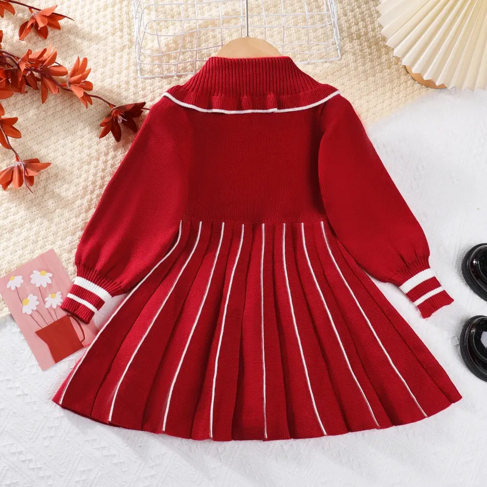 Bear Leader Winter Girls' Sweater Lapel Dress Pleated Lace Up Striped Knitted Dresses Red New Year's Christmas Clothing