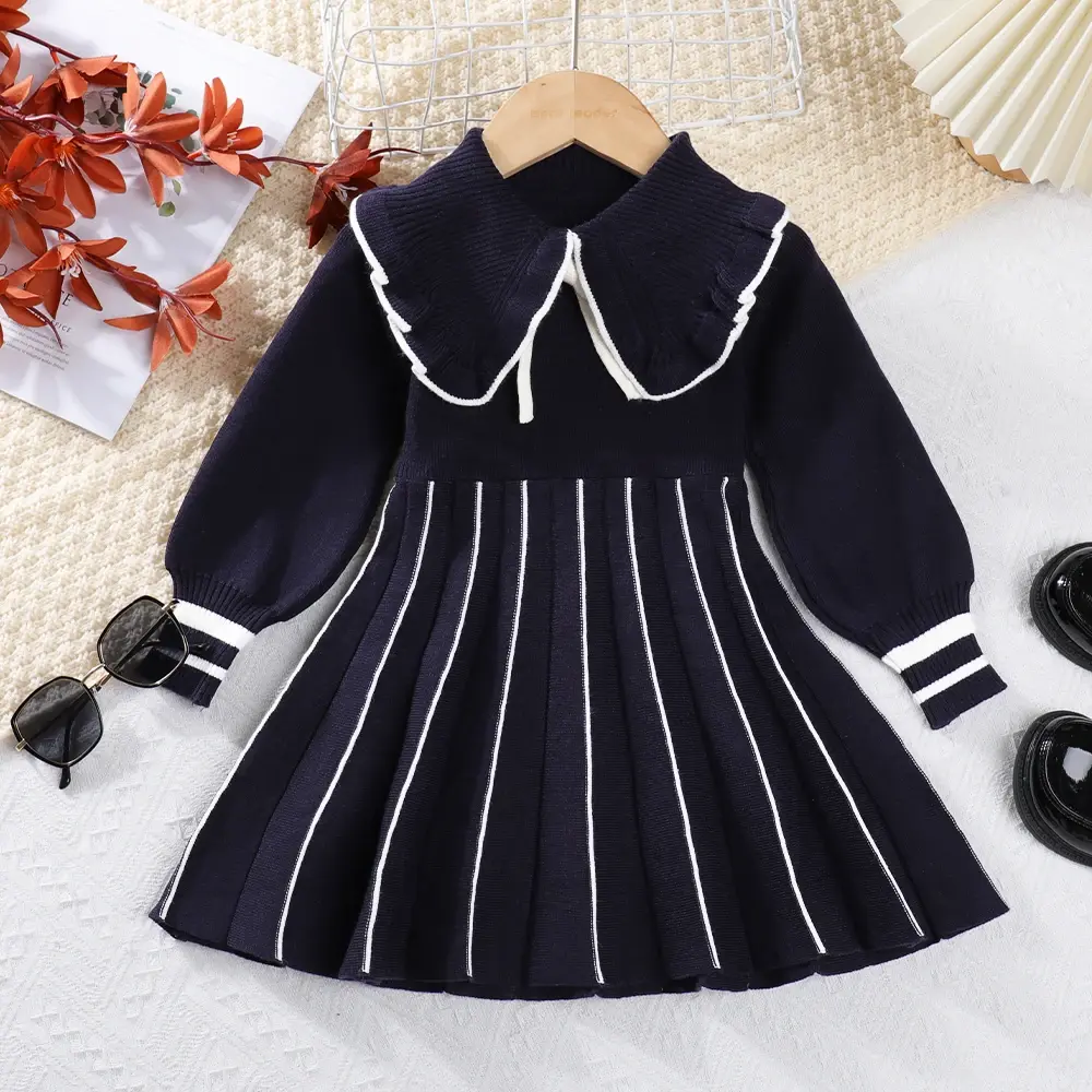 Bear Leader Winter Girls' Sweater Lapel Dress Pleated Lace Up Striped Knitted Dresses Red New Year's Christmas Clothing