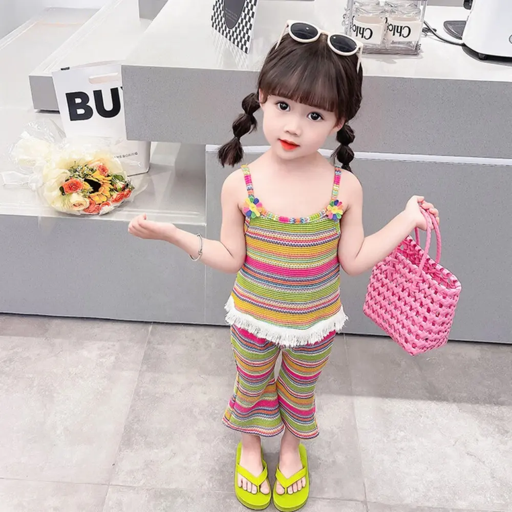 Bear Leaon Summer New Striped Printed Girls Clothes 3D Sunflower Fringe Decoration Top+Flared Pants Korean Version 2Pcs Set