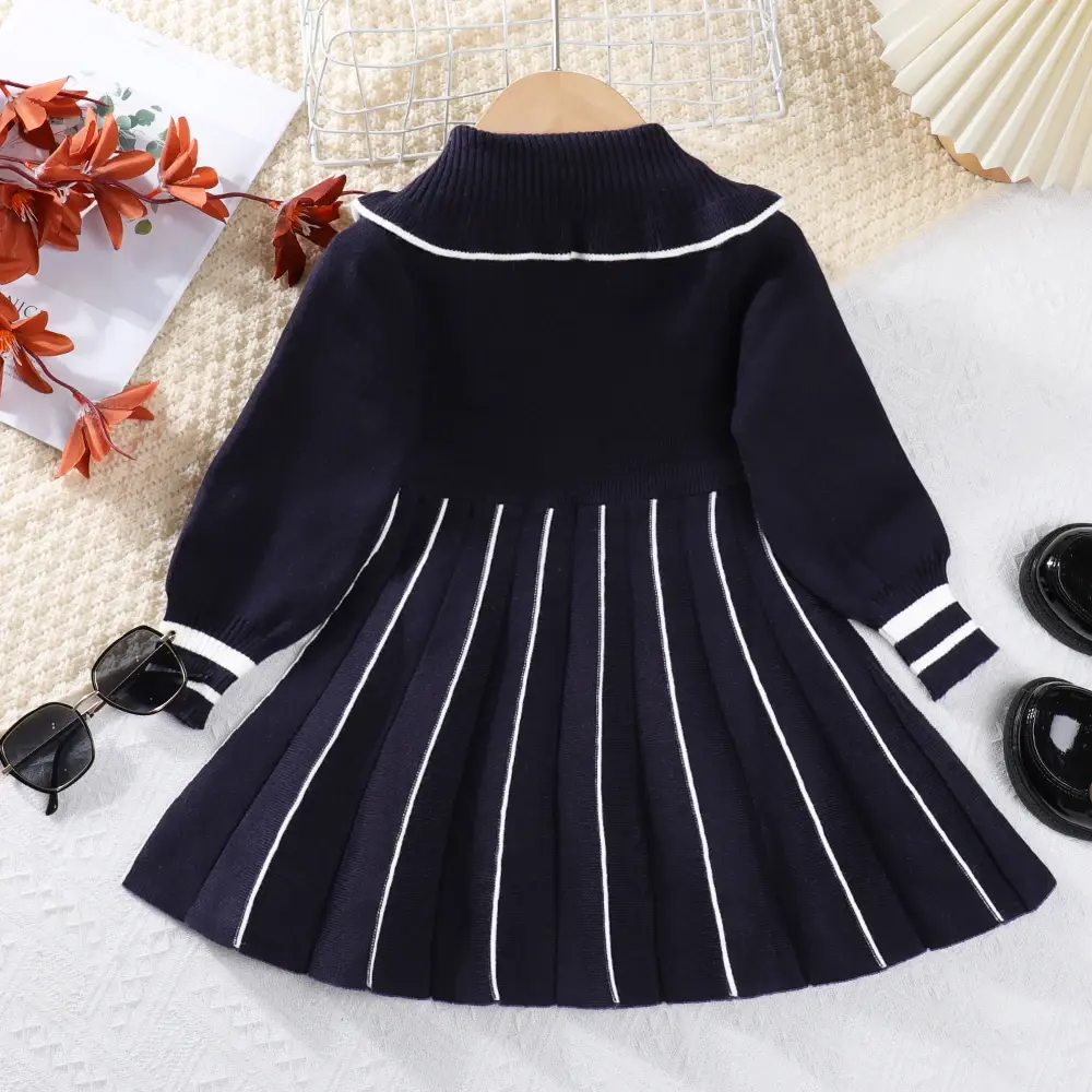 Bear Leader Winter Girls' Sweater Lapel Dress Pleated Lace Up Striped Knitted Dresses Red New Year's Christmas Clothing