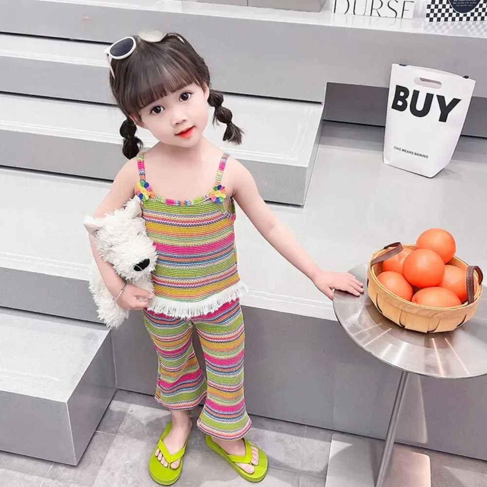 Bear Leaon Summer New Striped Printed Girls Clothes 3D Sunflower Fringe Decoration Top+Flared Pants Korean Version 2Pcs Set