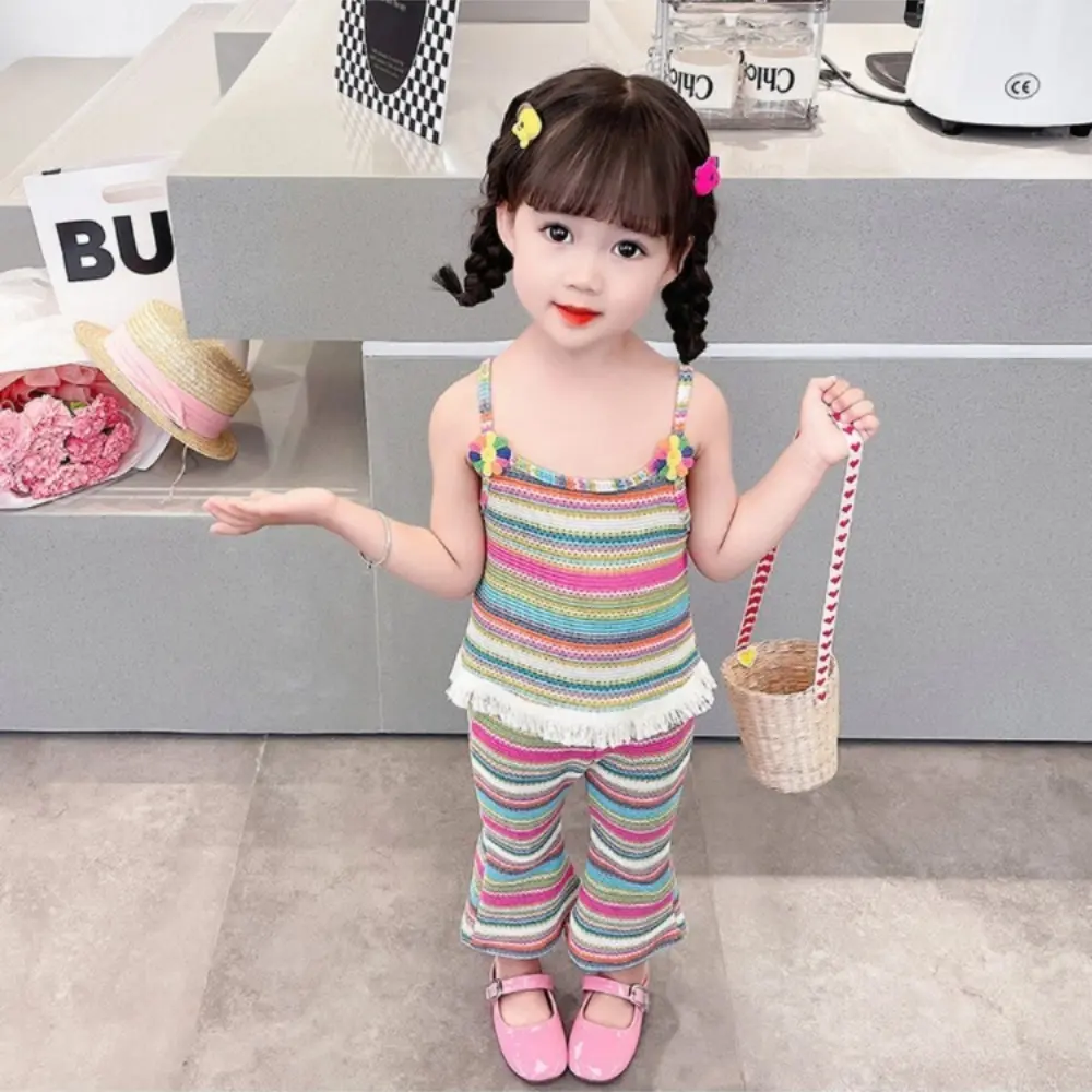 Bear Leaon Summer New Striped Printed Girls Clothes 3D Sunflower Fringe Decoration Top+Flared Pants Korean Version 2Pcs Set