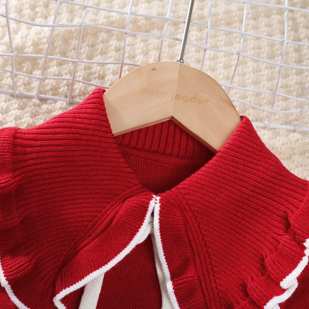 Bear Leader Winter Girls' Sweater Lapel Dress Pleated Lace Up Striped Knitted Dresses Red New Year's Christmas Clothing
