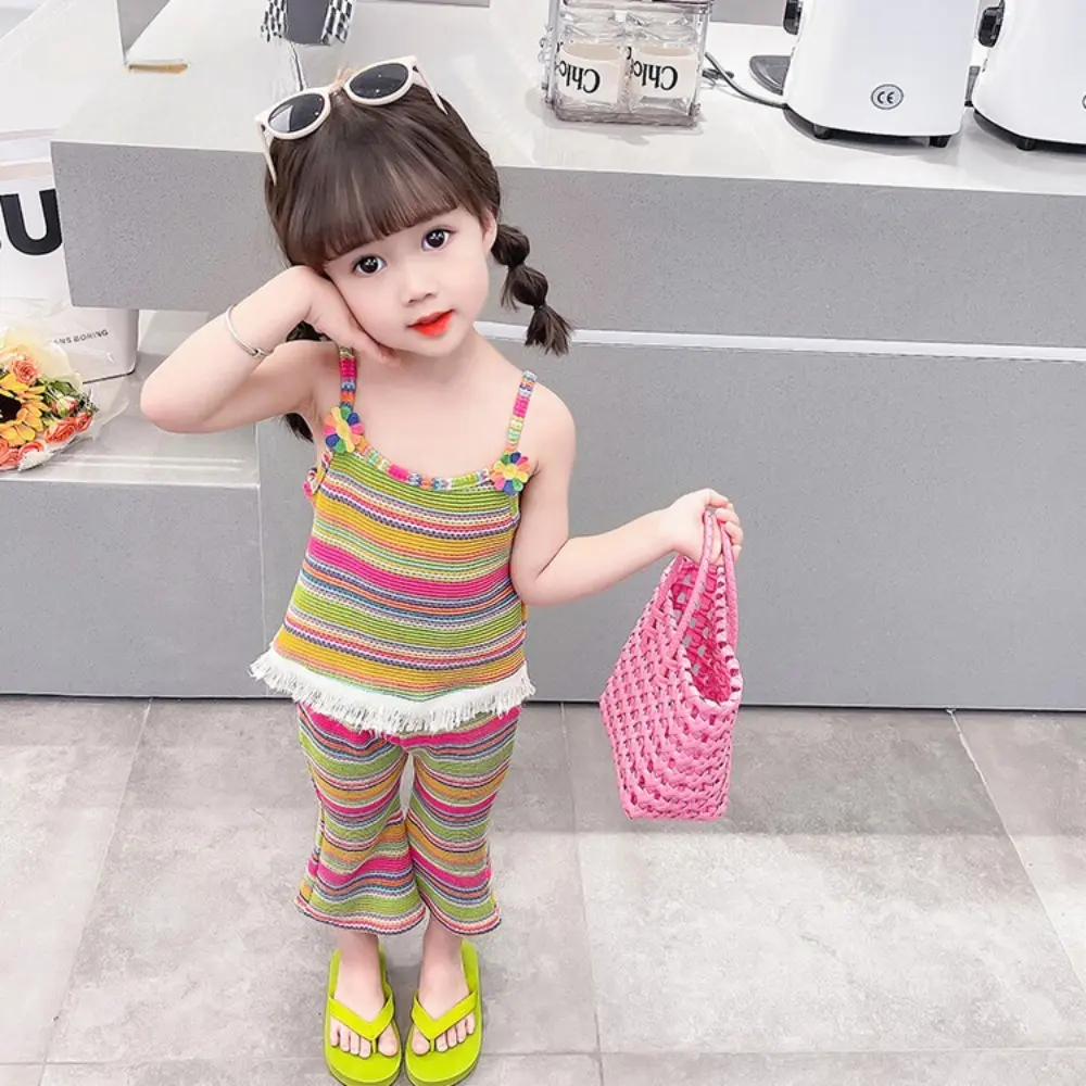 Bear Leaon Summer New Striped Printed Girls Clothes 3D Sunflower Fringe Decoration Top+Flared Pants Korean Version 2Pcs Set