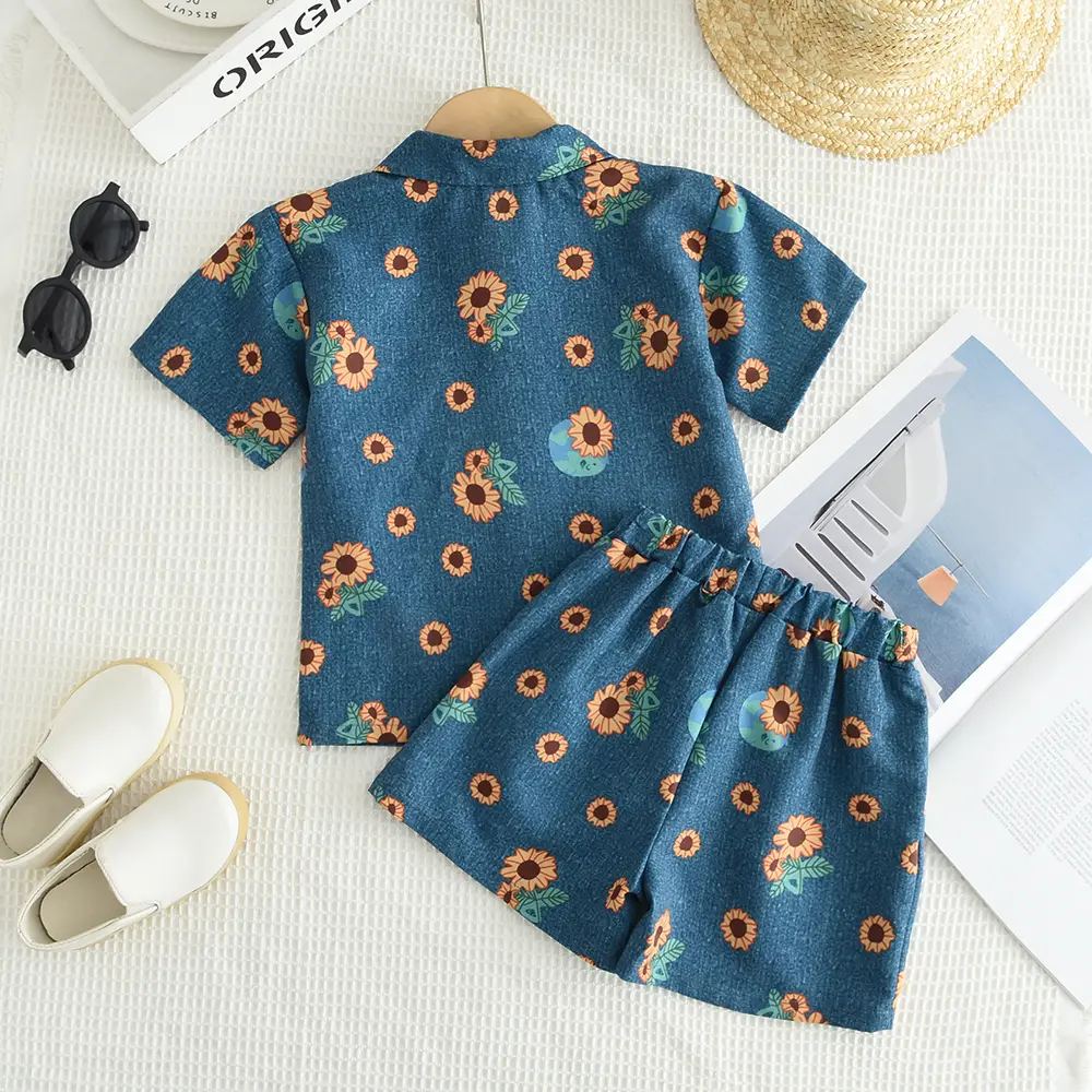 Bear Leader Summer Girl Blue Imitation Denim Printed Short Sleeved Lapel Top+pants Two-piece Set for Children's Casual Clothing