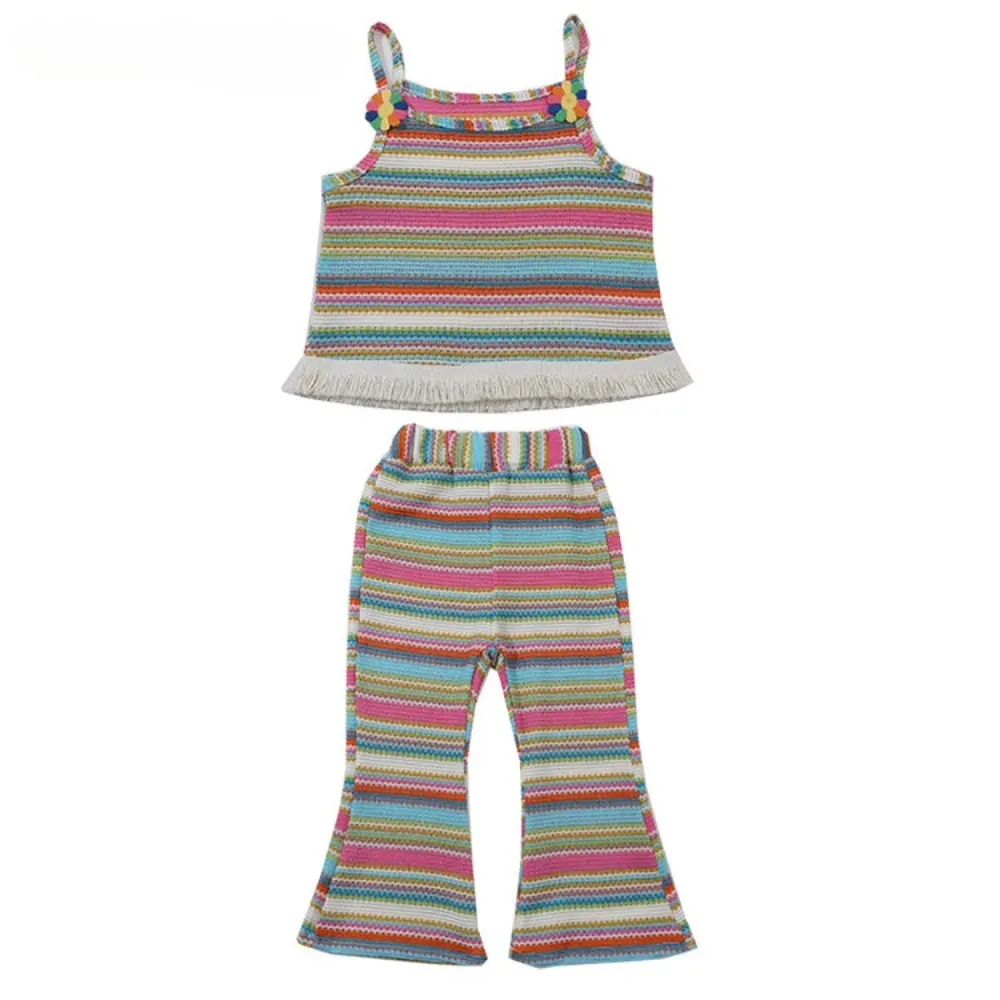 Bear Leaon Summer New Striped Printed Girls Clothes 3D Sunflower Fringe Decoration Top+Flared Pants Korean Version 2Pcs Set