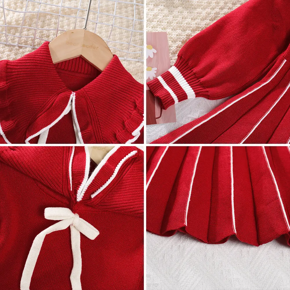 Bear Leader Winter Girls' Sweater Lapel Dress Pleated Lace Up Striped Knitted Dresses Red New Year's Christmas Clothing