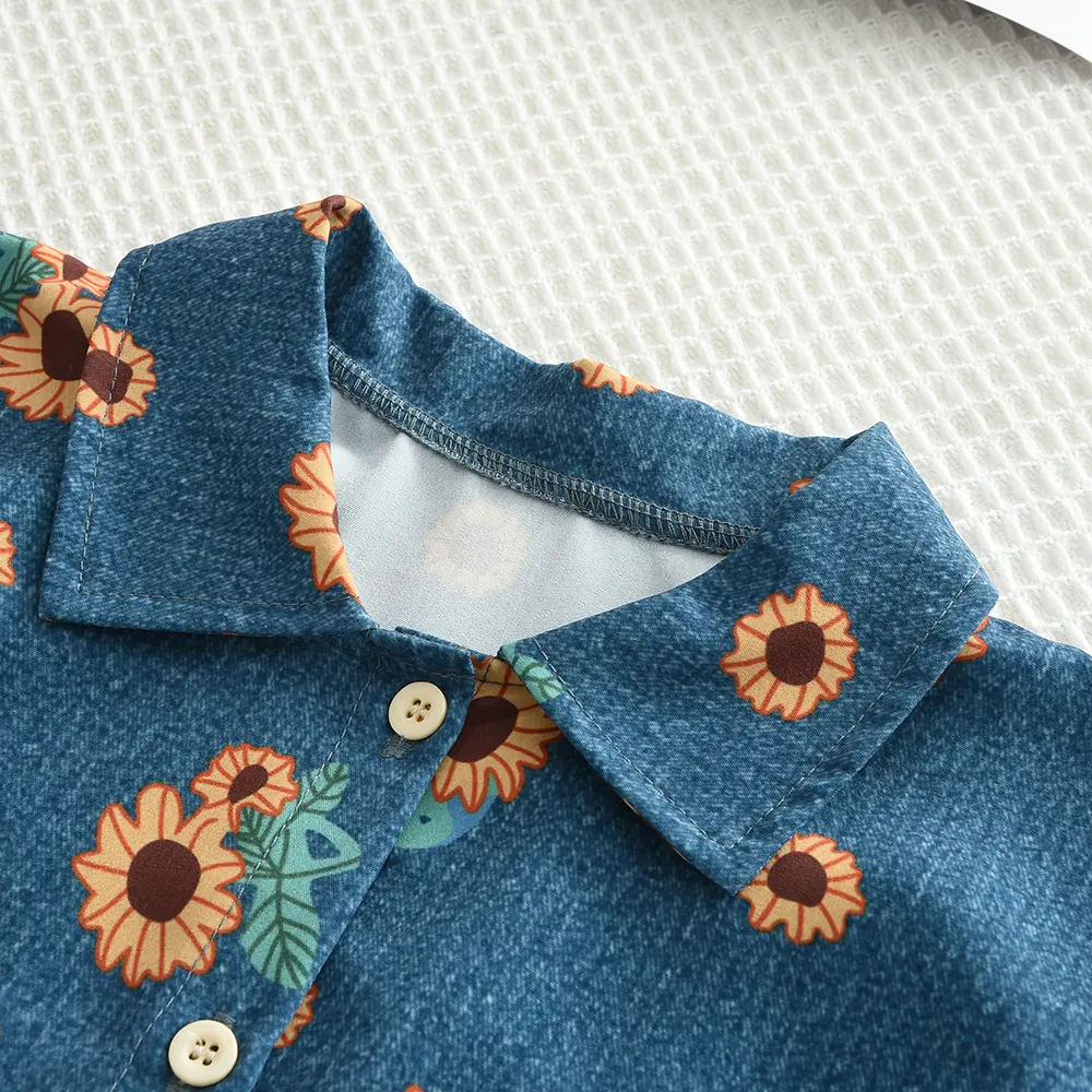 Bear Leader Summer Girl Blue Imitation Denim Printed Short Sleeved Lapel Top+pants Two-piece Set for Children's Casual Clothing