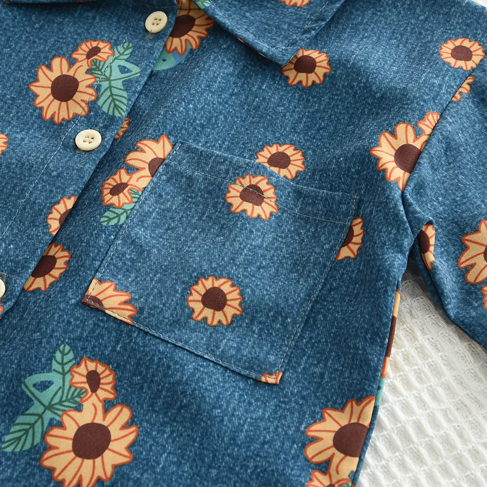 Bear Leader Summer Girl Blue Imitation Denim Printed Short Sleeved Lapel Top+pants Two-piece Set for Children's Casual Clothing