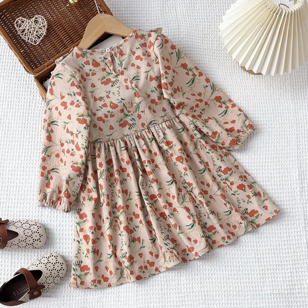 Bear Leader 3-7 Years Old Casual Children's Clothing Autumn Fashion Floral Dresses Long Sleeved Pleated Patchwork Girls' Dress