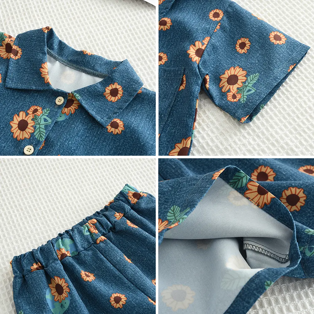 Bear Leader Summer Girl Blue Imitation Denim Printed Short Sleeved Lapel Top+pants Two-piece Set for Children's Casual Clothing