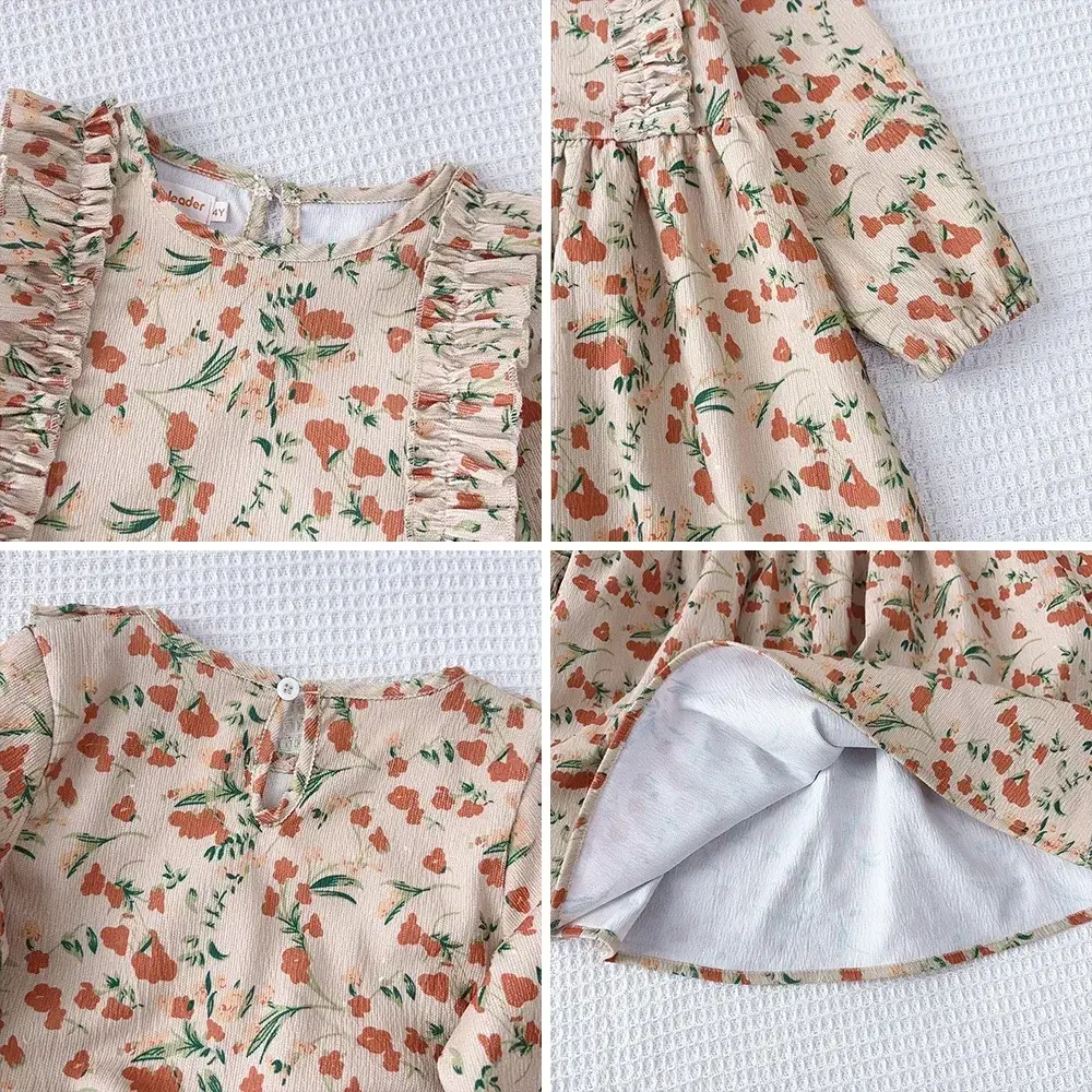 Bear Leader 3-7 Years Old Casual Children's Clothing Autumn Fashion Floral Dresses Long Sleeved Pleated Patchwork Girls' Dress