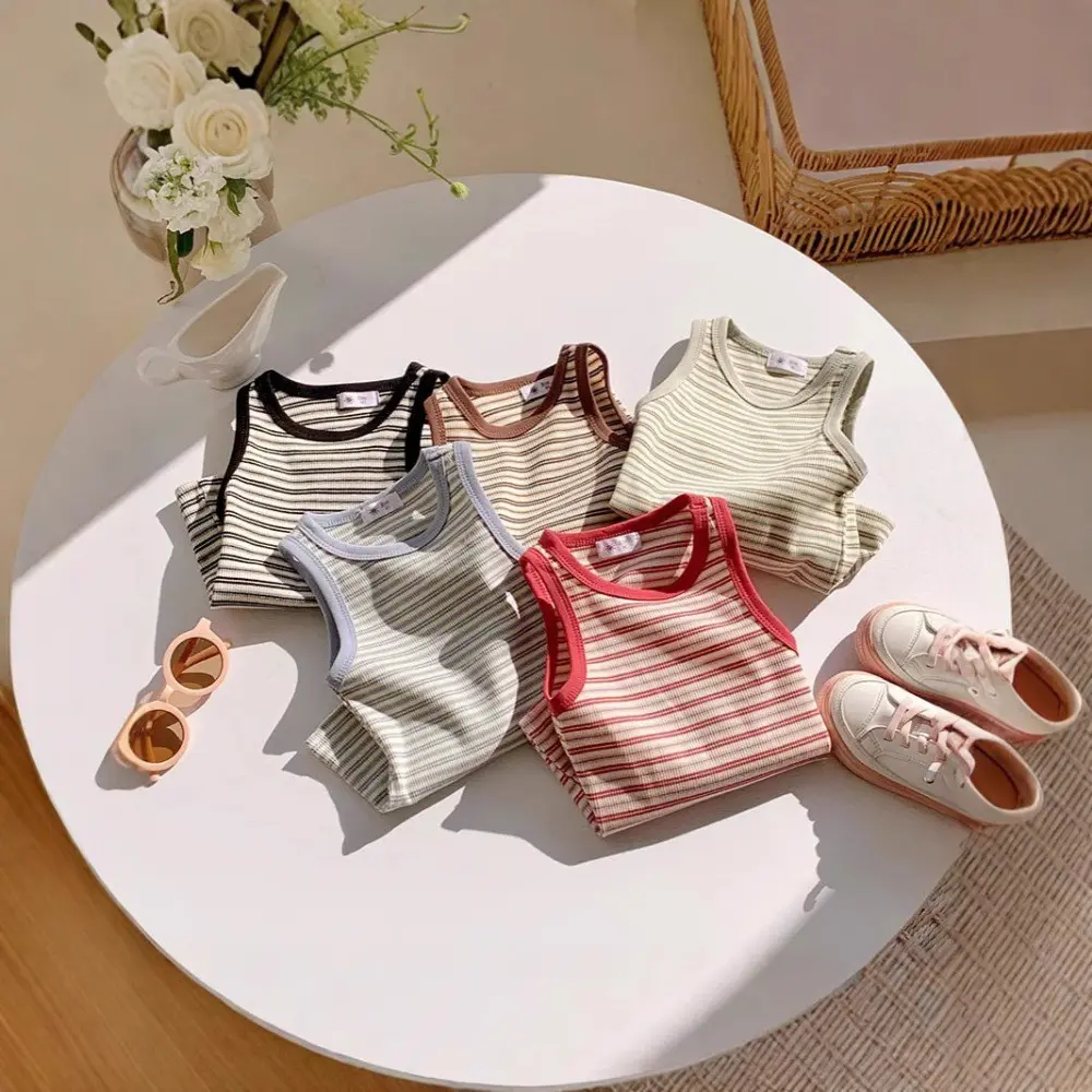 Bear Leader Summer Fashion Girls Clothes Sleeveless Striped Printed Sleeveless Round Neck Top Daily Casual Children's Clothing