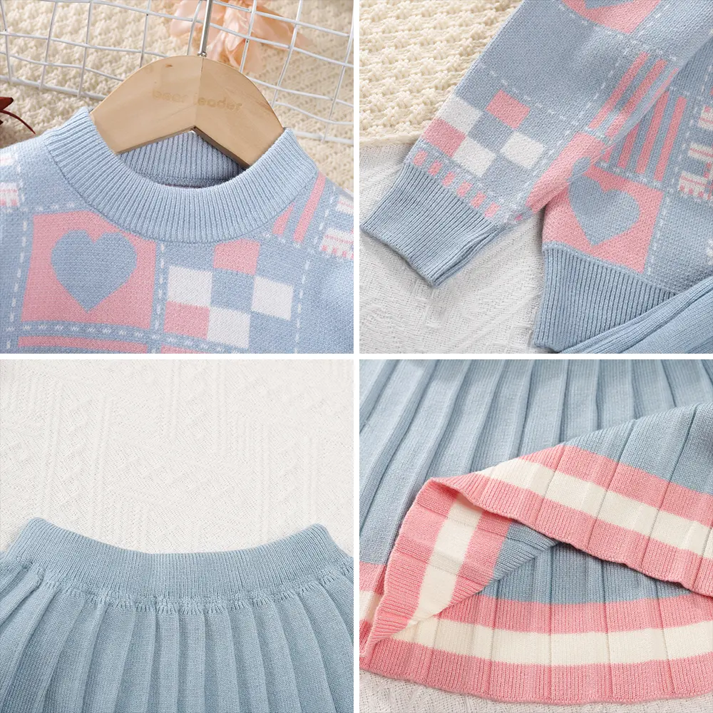 Bear Leader Girls Sweater Sets 2023 Autumn/Winter Knit Set Girls Geometric Printed Knit Top+Striped Pleated Skirt Two Piece Set
