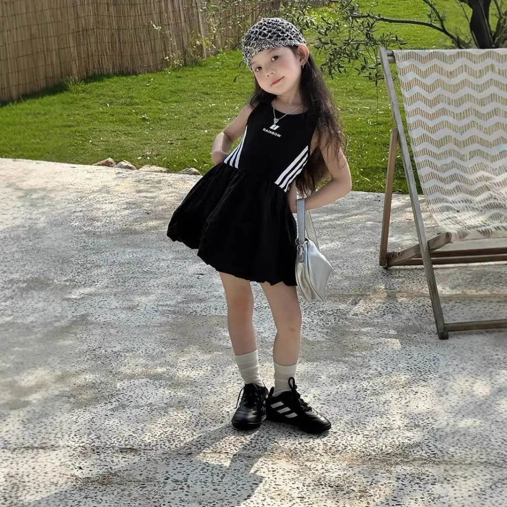 Bear Leader Korean Style Sporty Girls Casual Dresses Summer Sleeveless Stripe Print Vest Dress Fashionable Simple Kids Clothes