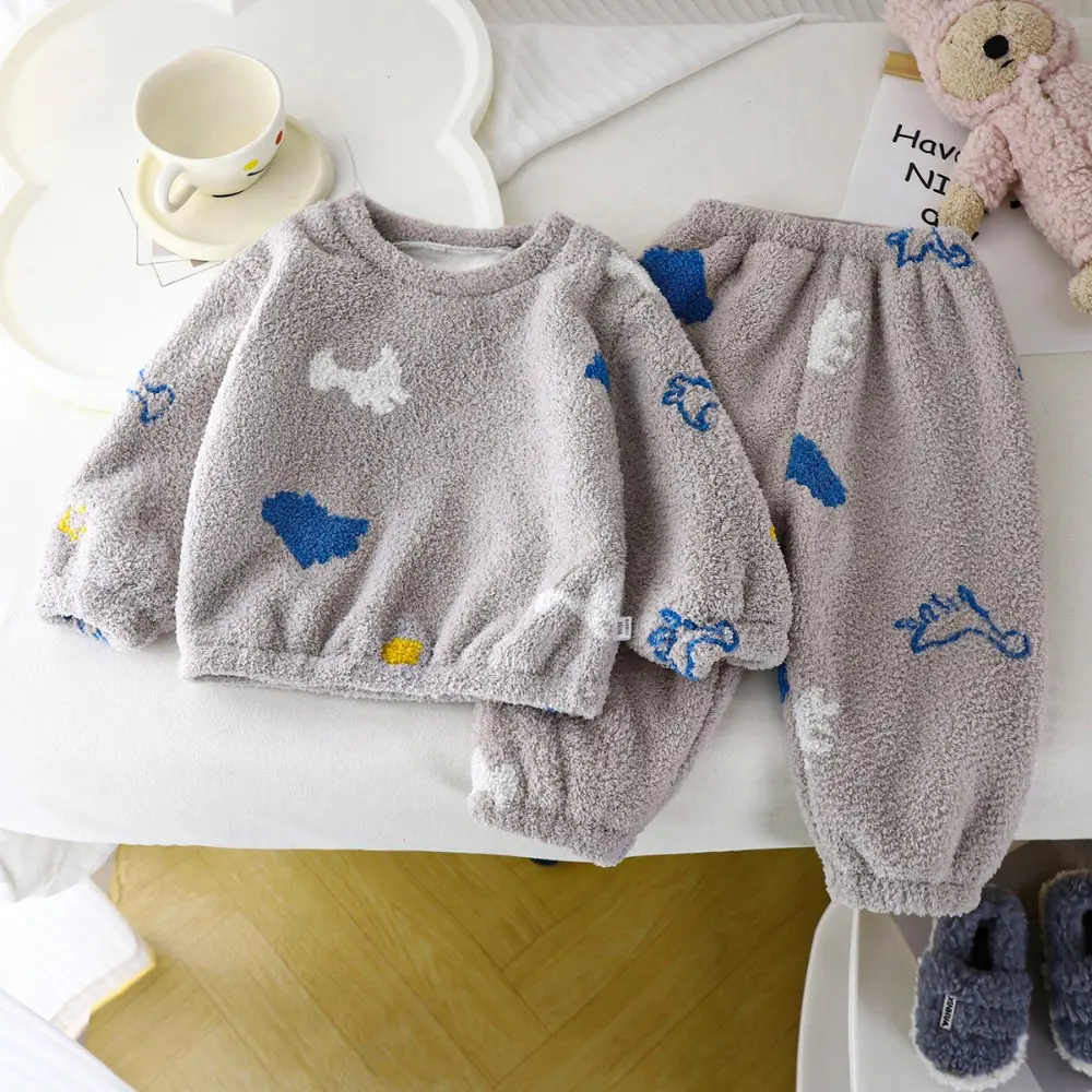 Bear Leader Autumn Kids Home Warm Pajama Set Bow Flower Cartoon Printed Long Sleeve Top+Pants Winter Solid Color Girls Clothes