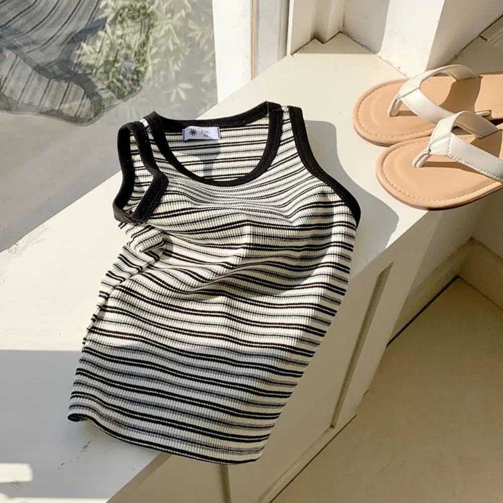Bear Leader Summer Fashion Girls Clothes Sleeveless Striped Printed Sleeveless Round Neck Top Daily Casual Children's Clothing