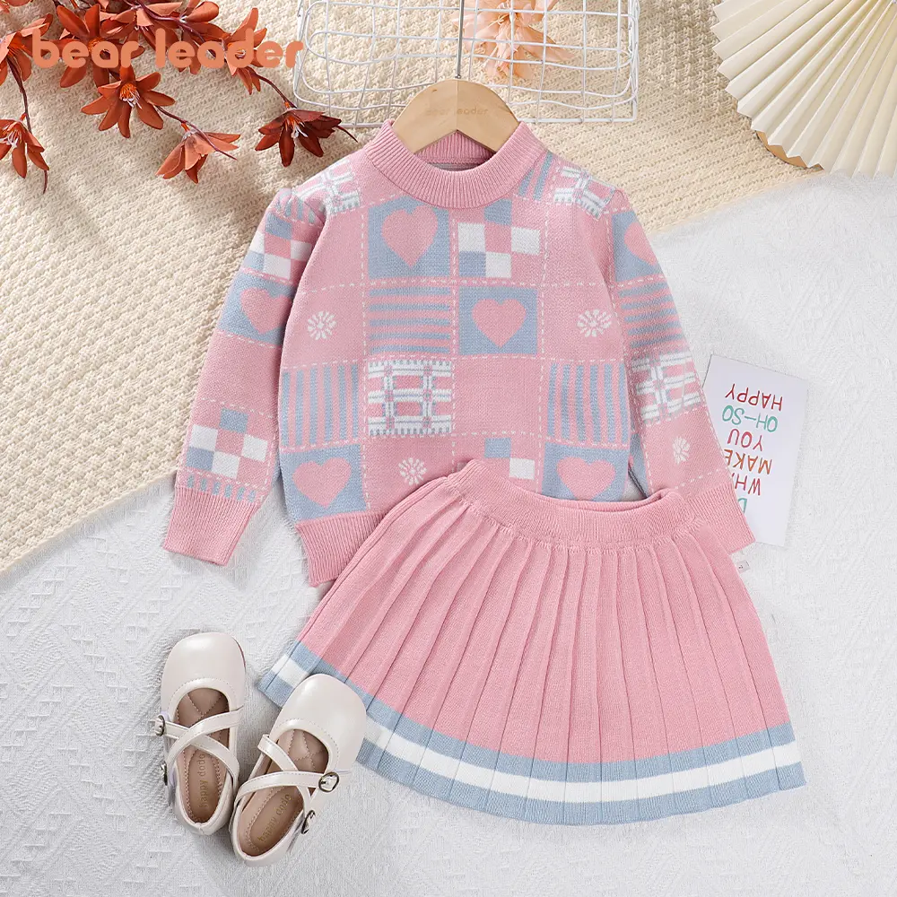 Bear Leader Girls Sweater Sets 2023 Autumn/Winter Knit Set Girls Geometric Printed Knit Top+Striped Pleated Skirt Two Piece Set