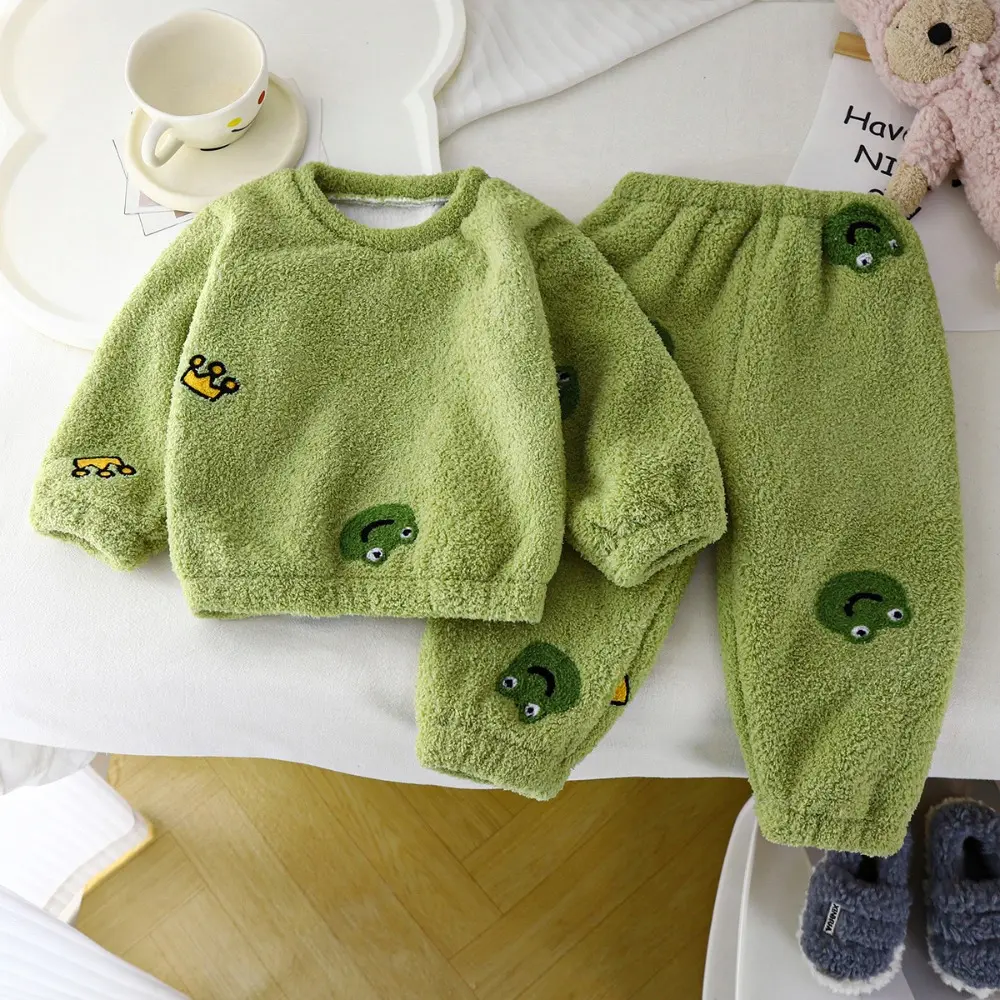 Bear Leader Autumn Kids Home Warm Pajama Set Bow Flower Cartoon Printed Long Sleeve Top+Pants Winter Solid Color Girls Clothes