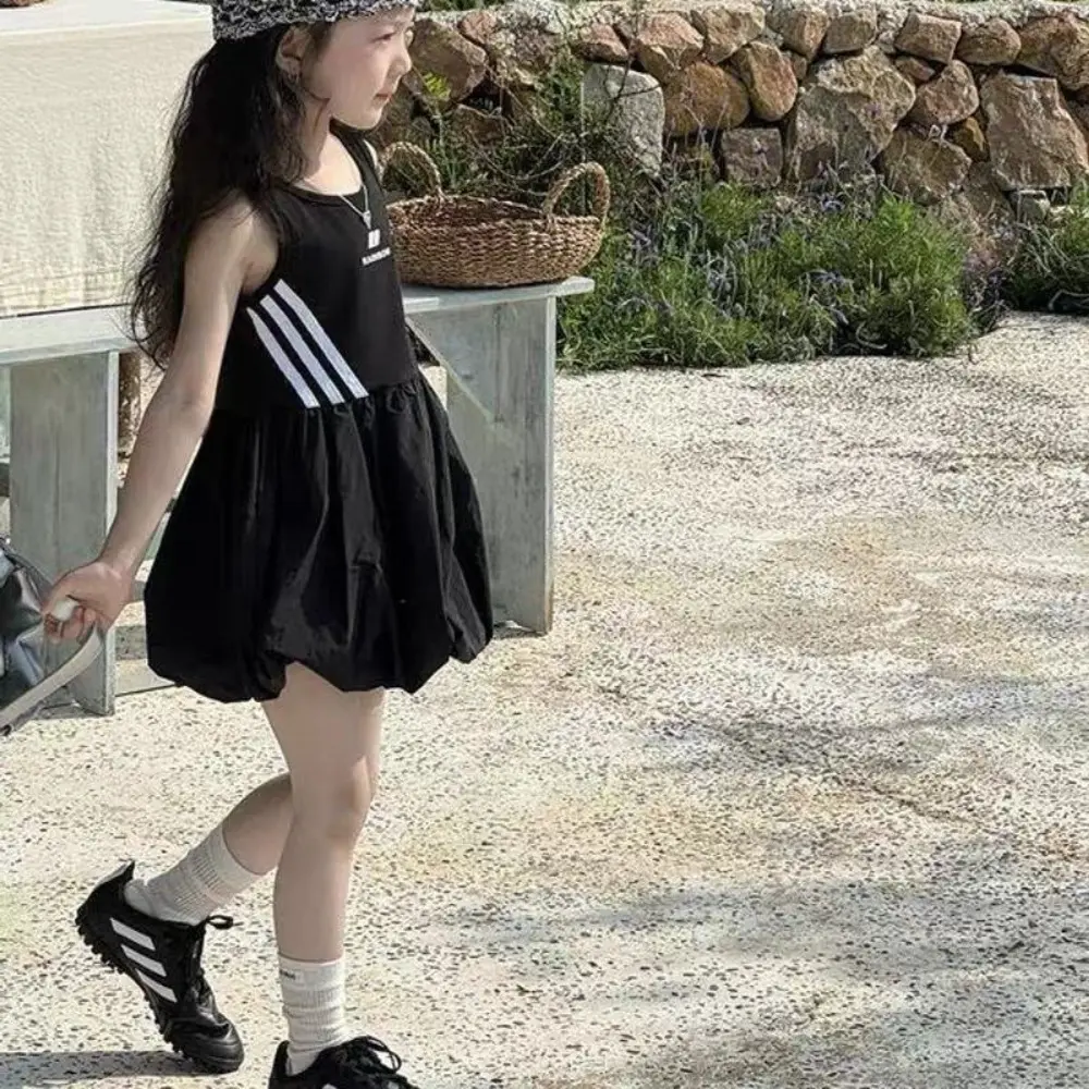 Bear Leader Korean Style Sporty Girls Casual Dresses Summer Sleeveless Stripe Print Vest Dress Fashionable Simple Kids Clothes