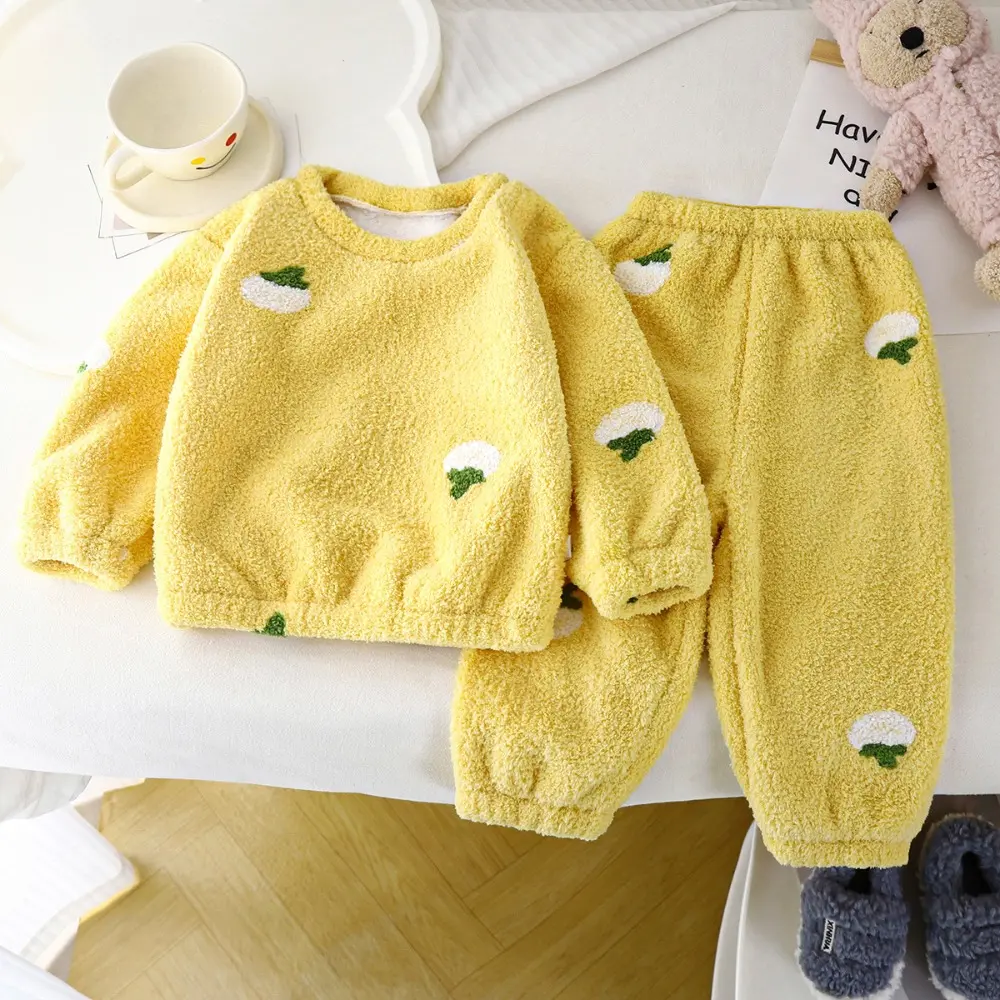 Bear Leader Autumn Kids Home Warm Pajama Set Bow Flower Cartoon Printed Long Sleeve Top+Pants Winter Solid Color Girls Clothes