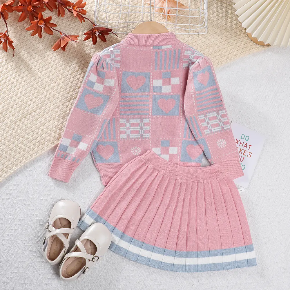 Bear Leader Girls Sweater Sets 2023 Autumn/Winter Knit Set Girls Geometric Printed Knit Top+Striped Pleated Skirt Two Piece Set