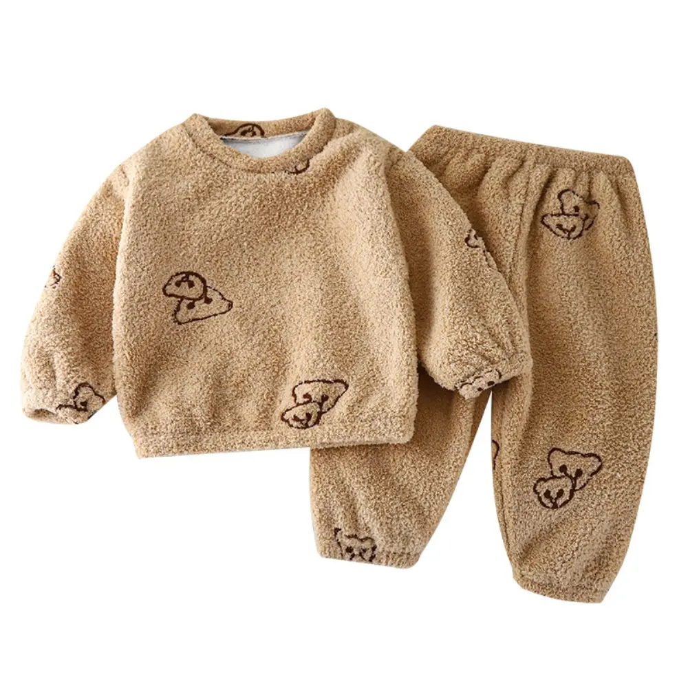 Bear Leader Autumn Kids Home Warm Pajama Set Bow Flower Cartoon Printed Long Sleeve Top+Pants Winter Solid Color Girls Clothes