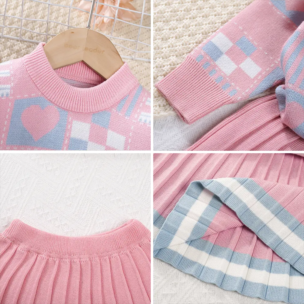 Bear Leader Girls Sweater Sets 2023 Autumn/Winter Knit Set Girls Geometric Printed Knit Top+Striped Pleated Skirt Two Piece Set