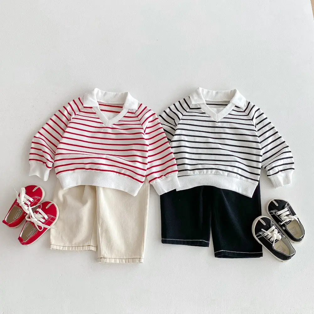 Bear Leader Children's Clothing Autumn Long Sleeved Kids T-shirt Korean Version Polo Standing Collar Striped Printed Girls' Top