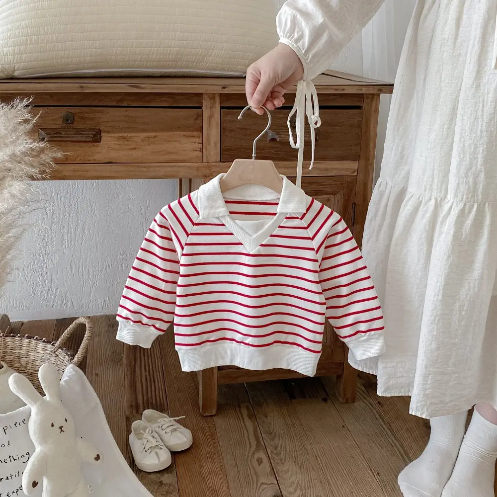 Bear Leader Children's Clothing Autumn Long Sleeved Kids T-shirt Korean Version Polo Standing Collar Striped Printed Girls' Top