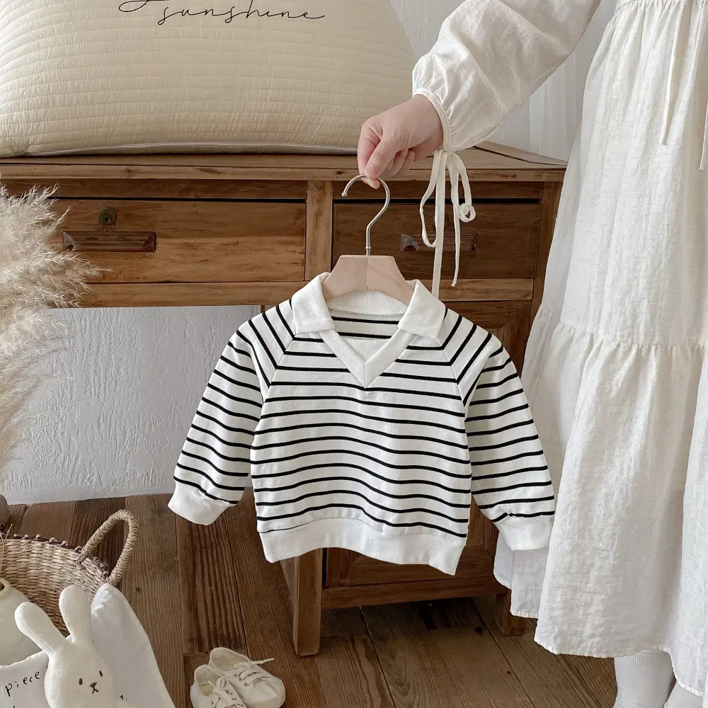 Bear Leader Children's Clothing Autumn Long Sleeved Kids T-shirt Korean Version Polo Standing Collar Striped Printed Girls' Top