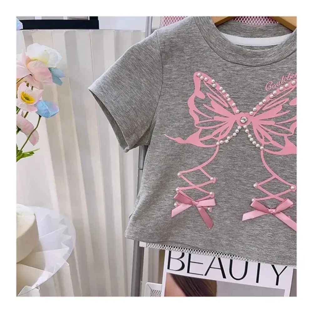 Bear Leader Summer New Girls Set Korean Version Butterfly Print Pearl Short Sleeve Top+Ruffle Skirt 2Pcs Casual Kids Clothes