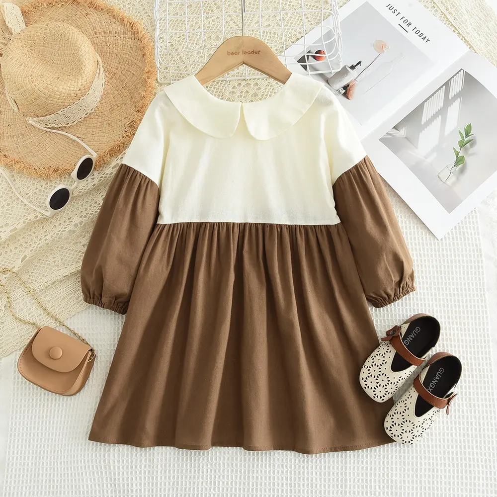 Bear Leader Kids Dresses for Girls Autumn New Children's Clothing White Collar Button Decorative Splicing Dress 3-7 Years Old