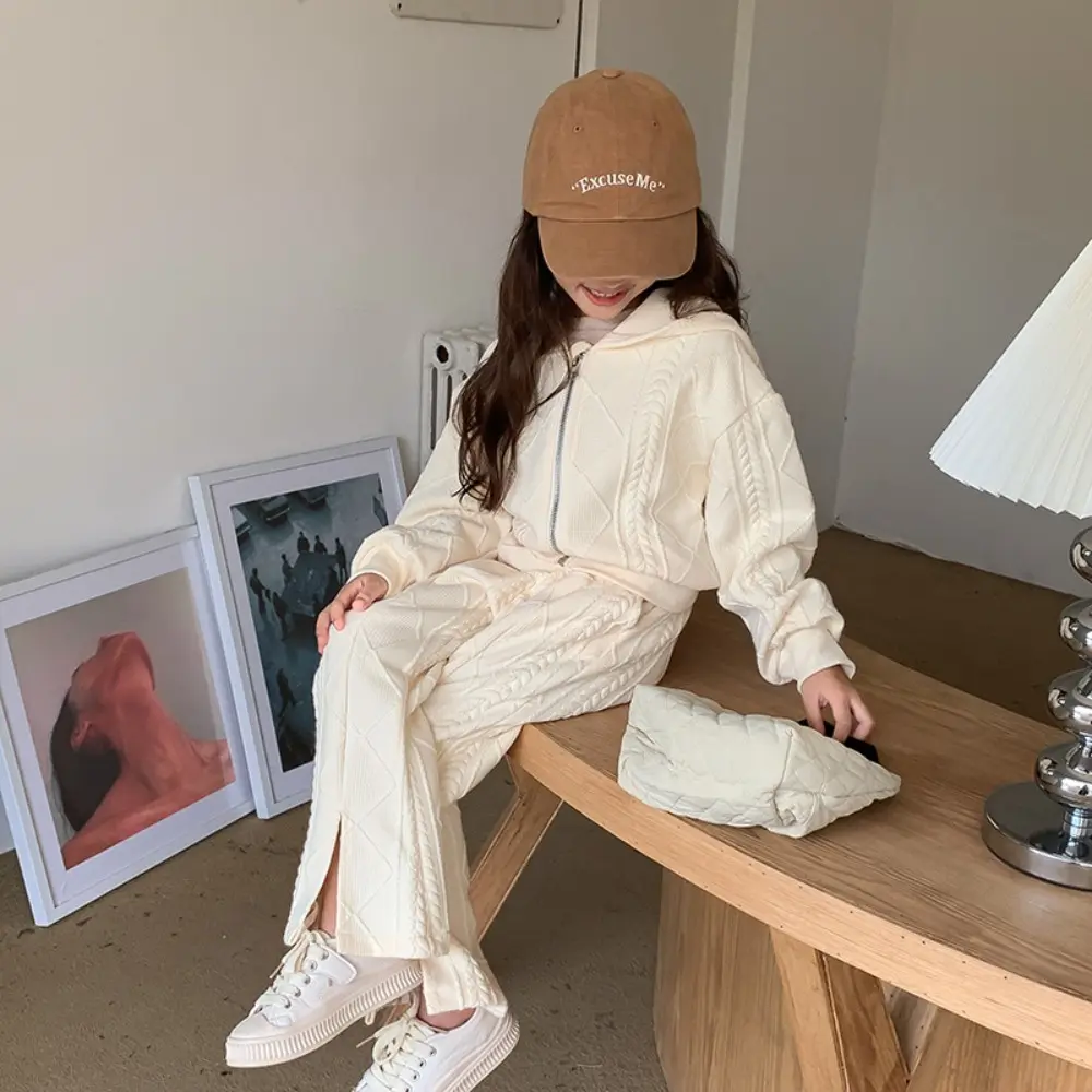 Bear Leader Autumn Fashion Solid Color Girls Clothes Long Sleeved Zipper Hooded Top+Flared Pants Korean Version Children's Set