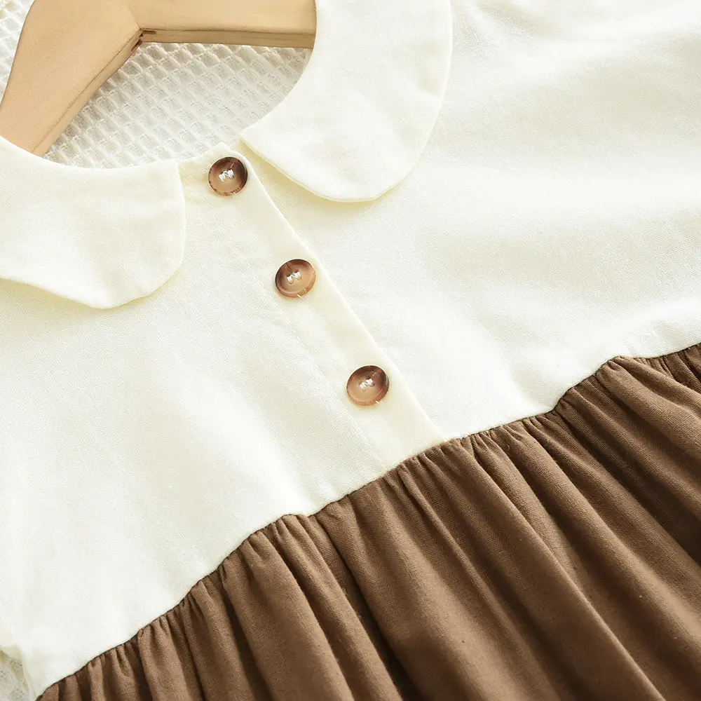 Bear Leader Kids Dresses for Girls Autumn New Children's Clothing White Collar Button Decorative Splicing Dress 3-7 Years Old