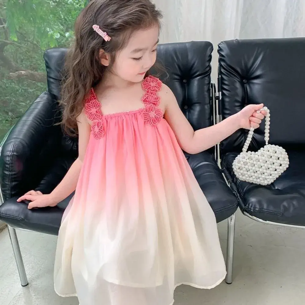 Bear Leader Korean Version Gradient Color Girls Casual Dresses Summer 3D Flower Decoration Suspender Dress Cute Kids Casual Wear