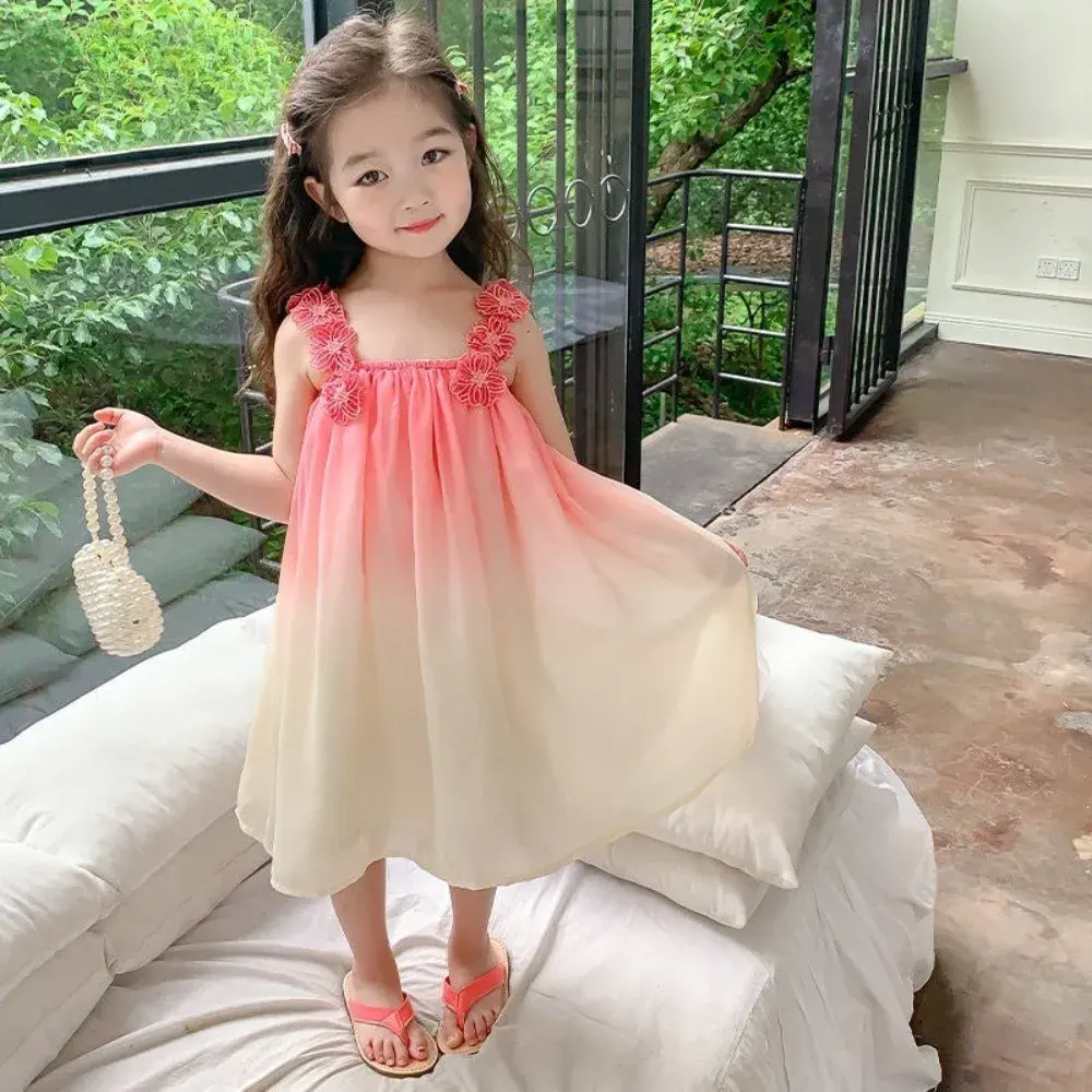 Bear Leader Korean Version Gradient Color Girls Casual Dresses Summer 3D Flower Decoration Suspender Dress Cute Kids Casual Wear
