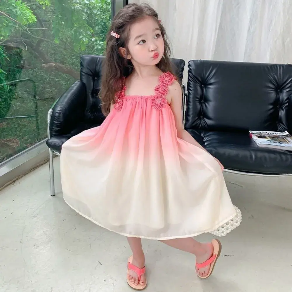 Bear Leader Korean Version Gradient Color Girls Casual Dresses Summer 3D Flower Decoration Suspender Dress Cute Kids Casual Wear