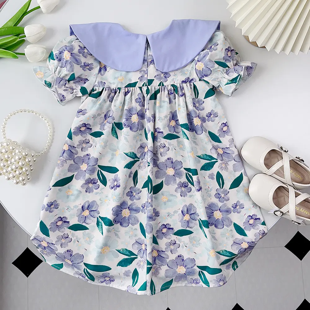 Bear Leader Korean Children's Girls' Dress Flip Neck Bow Flower Print Bubble Sleeve Dress Children's Fashion Girls' Dress