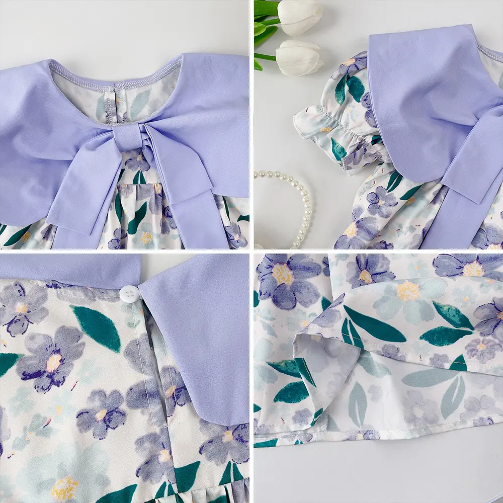 Bear Leader Korean Children's Girls' Dress Flip Neck Bow Flower Print Bubble Sleeve Dress Children's Fashion Girls' Dress