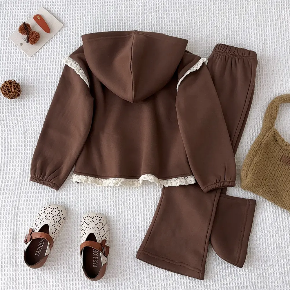 Bear Leader 2024 Autumn and Winter New Girls' Clothing Set Thick Brown Hooded Sweatshirt with Lace Hem and Pants 2P Clothing Set